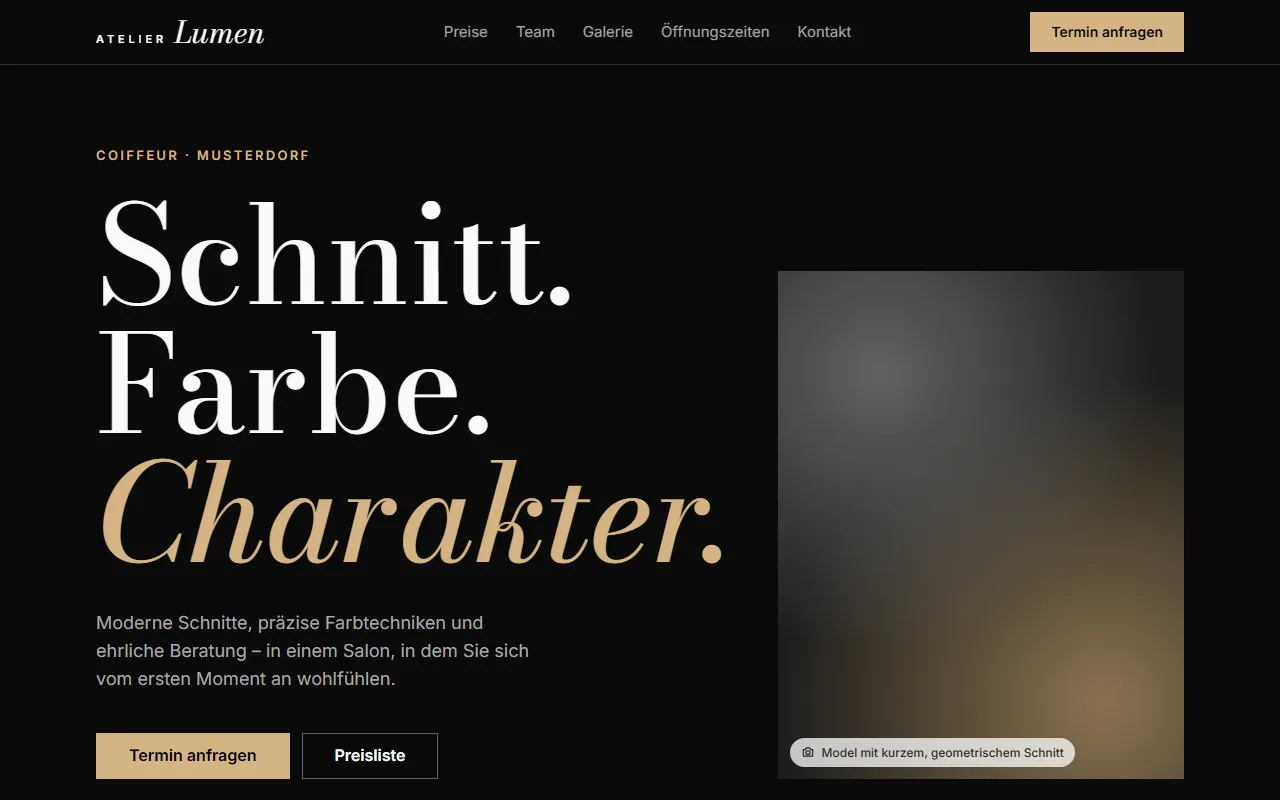 Ansicht der Demo-Website Coiffeur Atelier Lumen